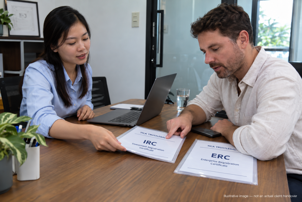 Illustrative handover of IRC and ERC document folders branded TICA TrustLegal in a Vietnam office.