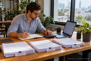 Illustrative scene of an international founder planning the setup and operating budget for a Vietnam company.