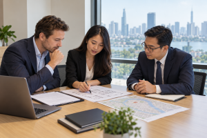 Foreign investor reviewing a Vietnam office lease and location documents with professional advisers — illustrative image, not actual TICA staff or premises.