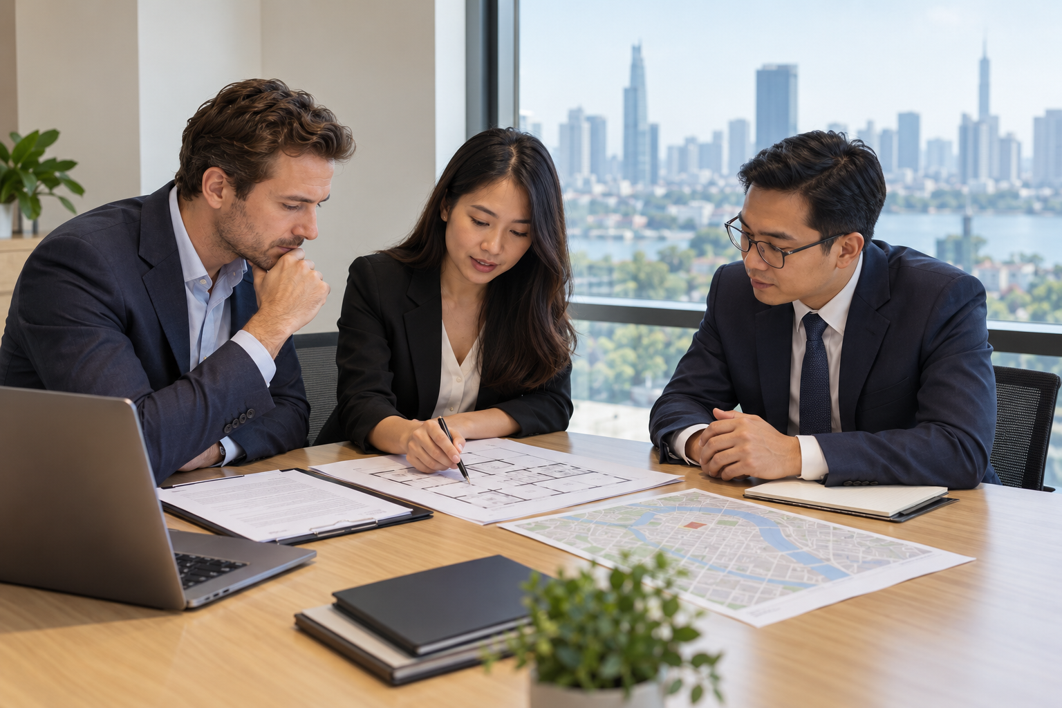 Foreign investor reviewing a Vietnam office lease with professional advisers — illustrative image