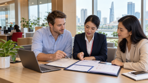 Foreign investor reviewing Vietnam company capital contribution documents with a bank officer and legal adviser
